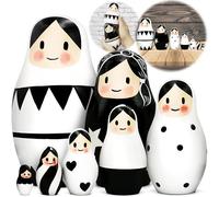 AEVVV Russian Nesting Doll Black & White Set - Modern Hand Painted Wooden Matryoshka Figures - Minimalist Interior Design Collectible - Contemporary Folk Art Décor - 7 pcs