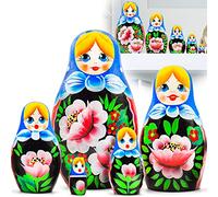 AEVVV Russian Nesting Dolls Floral Matryoshka Set - Hand Painted Wooden Figures in Blue Scarf - Traditional Folk Art Collectible - Symbol of Beauty, Family & Warmth - Unique Gift for Women - 5 pcs