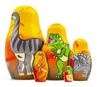 AEVVV Wooden Dinosaur Nesting Dolls Set of 5 - Hand-Painted Matryoshka Style Figurines - Collectable Wooden Décor - Unique Artisan Gift with Dinosaur Artwork
