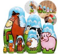 AEVVV Wooden Farm Animals Nesting Dolls Set of 7 - Hand-Painted Matryoshka Style Figurines - Rustic Wooden Farmyard Décor - Collectable Artisan Animal Gift Set