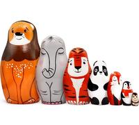 AEVVV Zoo Animals Nesting Dolls Set - Hand-Painted Wooden Stacking Figures, Lion Elephant Tiger Panda Fox Penguin Monkey - Collectable Animal Décor For Home Styling & Gift Ideas UK
