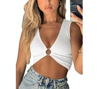 AEVZIV Sexy Crop Tops for Women Sleeveless Deep V Neck Workout Tops Plunge Ring Cleavage Cropped Tank Top, White, S