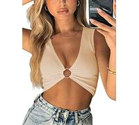 AEVZIV Sexy Crop Tops for Women Sleeveless Deep V Neck Workout Tops Plunge Ring Cleavage Cropped Tank Top, Nude, S