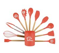 AEX 12 Pcs Silicone Kitchen Utensils Set with Holder Heat Resistant Cooking Utensils for Non Stick Pans, Wooden Handle Spatula & Spoon Set Kitchen Tools Set (Red)