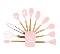 Aex 12-Piece Silicone Kitchen Utensils Set Non-Stick Cooking Tools With Wooden Handles Holder Spatula More (Pastel Pink)