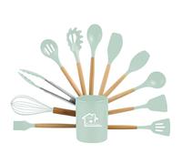 AEX 12 Pcs Silicone Kitchen Utensils Set with Holder Heat Resistant Cooking Utensils for Non Stick Pans, Wooden Handle Spatula & Spoon Set Kitchen Tools Set (Mint Green)