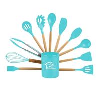 AEX Kitchen Utensils Set - 12 Pcs Cooking Utensils Set - Kitchen Utensils Set with Holder Heat Resistant Silicone Utensil Set Non Stick Utensils with Wooden Handle Spatula Utensil Set [Turquoise Blue]