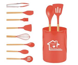 AEX 12 Pcs Silicone Kitchen Utensils Set with Holder Heat Resistant Cooking Utensils for Non Stick Pans, Wooden Handle Spatula & Spoon Set Kitchen Tools Set (Red)