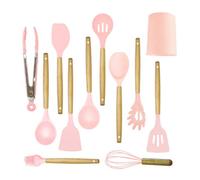Aex 12-Piece Silicone Kitchen Utensils Set Non-Stick Cooking Tools With Wooden Handles Holder Spatula More (Pastel Pink)