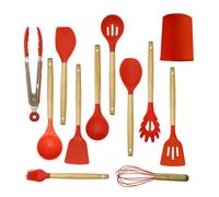 Aex 12-Piece Silicone Kitchen Utensils Set Non-Stick Cooking Tools With Wooden Handles Holder Spatula More (Persian Red)