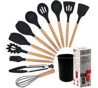 Aex 12-Piece Silicone Kitchen Utensils Set Non-Stick Cooking Tools With Wooden Handles Holder Spatula More Black