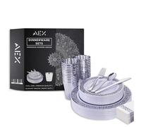 Aex 175 Piece Dinnerware Set For 25 Guests Rim Design Plates Cups Napkins Cutlery Forks Spoons Party Tableware Silver Set