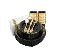 Aex 175 Piece Dinnerware Set For 25 Guests Rim Design Plates Cups Napkins Cutlery Forks Spoons Party Tableware Black Gold Set
