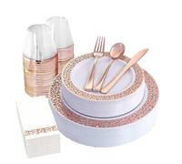 Aex 175 Piece Dinnerware Set For 25 Guests Rim Design Plates Cups Napkins Cutlery Forks Spoons Party Tableware Rose Gold Set