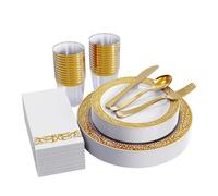Aex 175 Piece Dinnerware Set For 25 Guests Rim Design Plates Cups Napkins Cutlery Forks Spoons Party Tableware White Gold Set