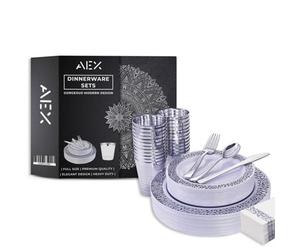 Aex 175 Piece Dinnerware Set For 25 Guests Rim Design Plates Cups Napkins Cutlery Forks Spoons Party Tableware Silver Set