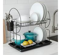 AEX 2 Tier Dish Drainer Rack | Stainless Steel Dish Drying Rack - Draining Board Rack with Drip Tray | Drying Rack for Kitchen Countertop - Large Dish Drying Rack & Cutlery Drainer with Utensil Holder