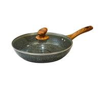 Aex Copper Non Stick Frying Pan With Lid 24Cm Wooden Handle Pan For Induction Gas Electric Hob Stone Coated Fry Pan With Glass Lid
