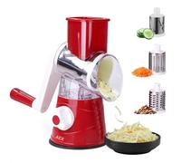 AEX Rotary Cheese Grater for Kitchen - 3 Interchangeable Drum Manual Vegetable Shredder | Stainless Steel Blades - Handheld Cheese Grater, Carrot & Nuts - Dishwasher Safe | Non-slip Suction Base - Red