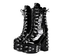 AEXET Women's Block Heel platform Mid Calf Boots, Lace up Buckle Straps Detailed High Heeled Knee High Boots, Round Toe zippered shoes, 14.5cm,Black,8.5 UK