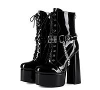 AEXET Women's Chunky High Heels Platform Mid Calf Boots, Lace up Buckle Straps High Heeled Ankle Boots, Round Toe zippered Chain Platform shoes, 14.5cm,Black,7.5 UK