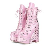 AEXET Women's Platform High Heels Shoes, Chunky Heels Buckle Straps Mid Calf Boots, Zippered Lace up Patent Leather Ankle Boots, Pink, 14.5cm,Pink,39