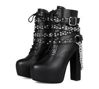 AEXET Women's Thick Soled Zippered Mid Calf boots, Thick High Heels PU Leather Buckle Outdoor Platform Shoes, Round toe Large Size Versatile height heel, 14.5 cm,Black,7.5 UK