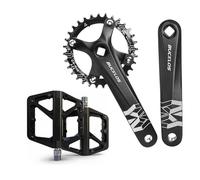 AEYINO 104 BCD 34T Mountain Bike Single Speed 170mm Square Taper Crankset Narrow Wide Teeth Round Chainring Crank Arm Set & MTB Flat Pedals Large Platform Nylon Non-Slip 9/16" for Adult Bicycle Gravel