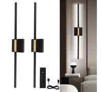 Afaiup Battery Operated LED Wall Lights, USB Rechargeable Dimmable wall lights with Remote Control, Black Gold LED Rechargeable Sconces,70CM Wireless Wall light for Bedroom Living Room Hallway, 2 Pack