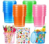 Afarnook 24 Pcs 32 oz Summer Drink Buckets with Lids and Handles Neon Clear Plastic Drink Cups with Flamingo Pineapple Straw Reusable Rum Cocktail Bucket with Lids for Pool Beach Tropical Luau Party