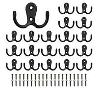 AFASOES 20 Pcs Double Prong Retro Metal Cloth Hanger Door Hooks - Dual Coat & Robe Hooks, Screw in with 40 Screws for Coat, Scarf, Bag, Towel, Key, Cap, Cup, Hat - Black