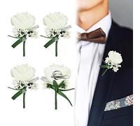 AFASOES 4pcs Wedding Boutonniere White Rose Boutonniere Handmade Corsage Buttonhole Flowers with Pin and Clip Artificial Wedding Flower Accessories for Men Groom Bride Suit Dress Banquet Party Decor