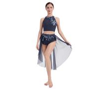 AFAVOM Lyrical Dance Costumes for Women Sequin Flower Lyrical Dress Crop Top + Flowy Mesh Tulle Skirt Contemporary Dancewear, Navy Blue, XL