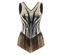 AFAVOM Sequin Dance Fringe Bodysuit for Women Sparkly Tassel Jazz Salsa Latin Dance Dress Sexy V-Neck Backless Leotard Romper Glitter Showgirl Rave Outfit Trapeze Acrobat Costume Gold Silver XL