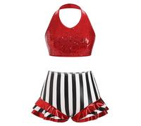AFAVOM Women Trapeze Artist Circus Acrobat Costume Sparkle Sequin Bra Top + Striped Shorts Stage Performance Dancewear Dress, Red, M