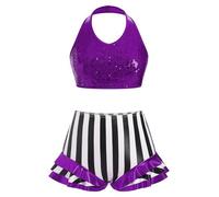 AFAVOM Women Trapeze Artist Circus Acrobat Costume Sparkle Sequin Bra Top + Striped Shorts Stage Performance Dancewear Dress, Purple, S