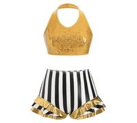 AFAVOM Women Trapeze Artist Circus Acrobat Costume Sparkle Sequin Bra Top + Striped Shorts Stage Performance Dancewear Dress, Gold, XS