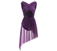 AFAVOM Women's Lyrical Dance Costume Sequin Flower Lyrical Dress Asymmetric Flowy Tulle Skirt Contemporary Dance Costumes, Purple, S