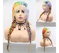 AFBeauty Cosplay Rainbow Braided Wig Glueless Handmade Braided Lace Front Wig Synthetic Colorful Double Braids Wig Heat Resistant Braiding Hair Wig for Women Party Drag Queen