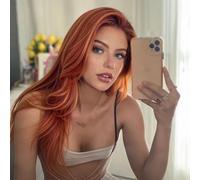 AFBeauty Ginger Brown Wig Orange Auburn Lace Front Wig Pre Plucked Natural Looking Long Straight Copper Red Synthetic Lace Front Wigs for Women Drag Queen Synthetic Hair Cosplay Daily Wear 24Inch