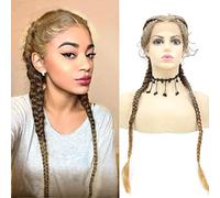 AFBeauty Mixed Blonde Twists Lace Braided Wigs for Black Women Extra Long Brown Highlight Handmade Long Box Braided Synthetic Lace Front Wig with Baby Hair Heat Resistant Fiber Cosplay Daily Wear