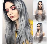 AFBeauty Ombre Grey Wig With Black Roots Long Straight Synthetic Lace Front Wigs Gluless Free Part Half Hand Tied Natural Hairline Realistic Hair Replacement Wig
