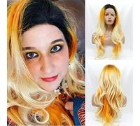 AFBeauty Orange Lace Wig Long Wavy Black Ombre Orange Blonde Lace Wig Synthetic Orange Multi-color Wig Heat Resistant Fiber Makeup Wigs for Women 24 Inch