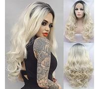 AFBeauty Platinum Blonde Wig for Women Long Wave Blonde with Dark Roots Middle part Wig Half Hand Tied Heat Resistant Synthetic Lace Front Wigs 24’’