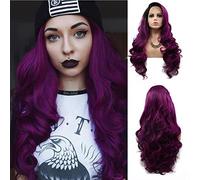 AFBeauty Purple Lace Front Wig Long Wavy Ombre Purple with Black Root Side Part Wigs Synthetic Natural Hairline Heat Resistant Fiber Daily Makeup Wig for Women 24 Inches