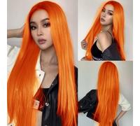 AFBeauty Red Orange Lace Front Wig Long Straight Synthetic Lace Front Wigs for Women Ginger Orange Ombre Colorful Glueless Natural Looking Heat Resistant Hair Wig Cosplay Daily Wear 24Inch