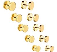 AFCJLTO Men's Gold Stainless Steel Stud Earrings Set of 5 Pairs Fake Ear Plug Round Screw Ear Plugs for Men and Women, Barbell Size: 6mm-12mm