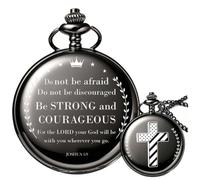Afcrho Engraved Bible Verse Pocket Watch, Engraving Pocket Watches with Chain Vintage Analog Cross American Flag Pattern Men Quartz Birthday Gifts Christmas Gift Graduation Father's Day, Black