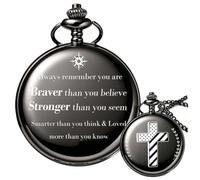 Afcrho Engraved Pocket Watch, "Braver and Stronger" Pocket Watches with Chain Meaningful Engraving Vintage Analog Cross American Flag Pattern Men Quartz Birthday Gifts Christmas Gift Father's Day