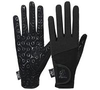 AFE Ladies Horse Riding Gloves Track Fabric Gloves Synthetic Leather Equestrian Black Stretch Fabric Silicone Printed Palms (Medium)